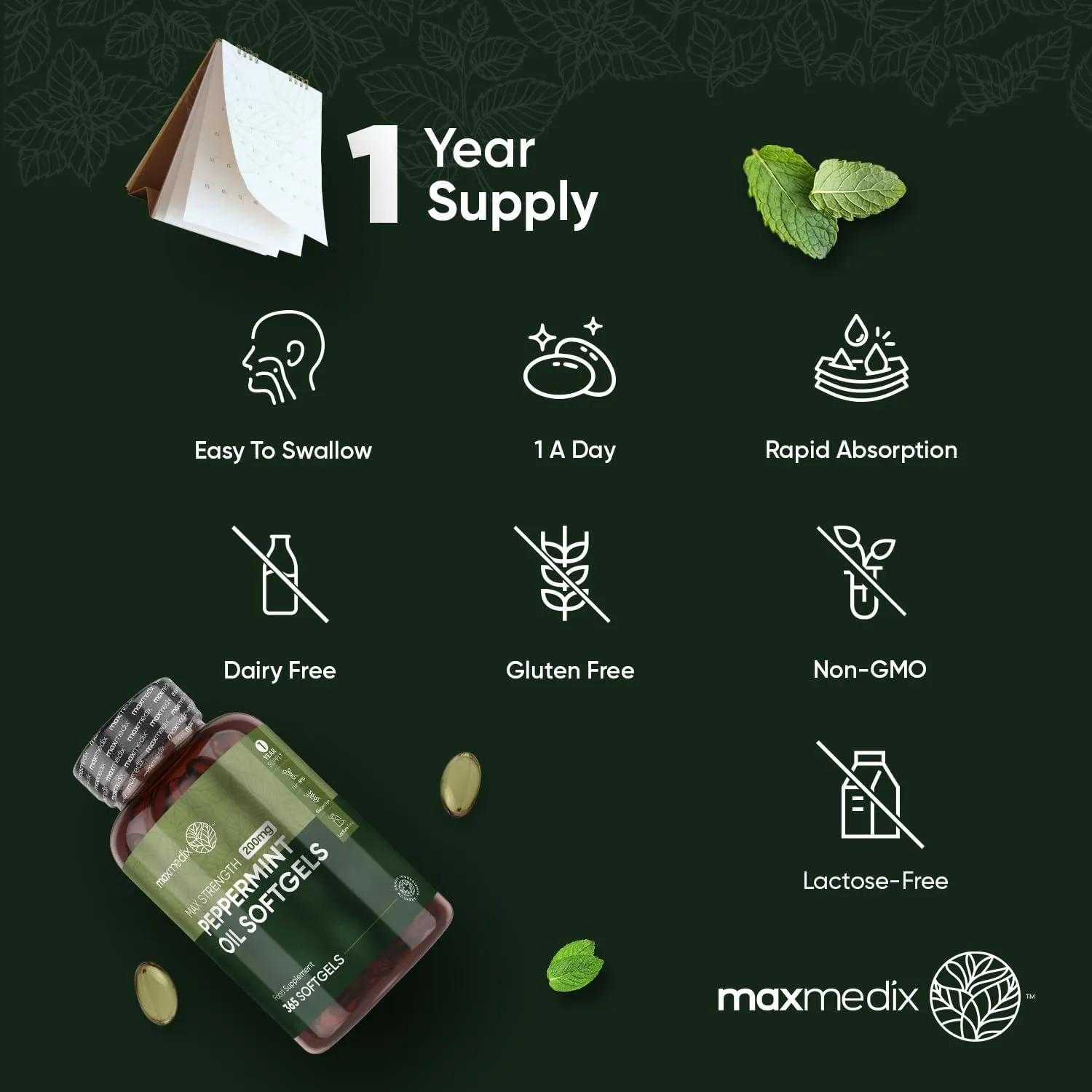 زيت النعناع 200 ملج 365 كبسولة - Maxmedix Peppermint Oil 200 mg Softgels 365’s