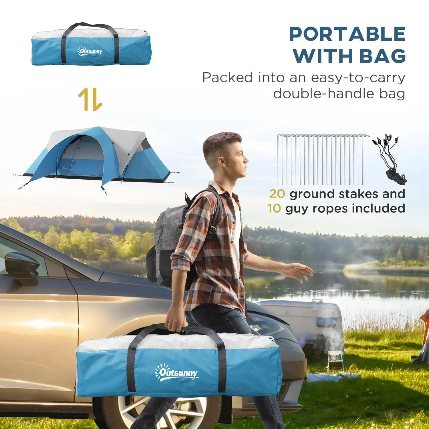 3000mm Multi-buy offer Family Worldwide delivery Tent Groundsheet, Man, Outsunny 5-6 Camping Waterproof Porch Portable Blue Bag, Sewn And For With