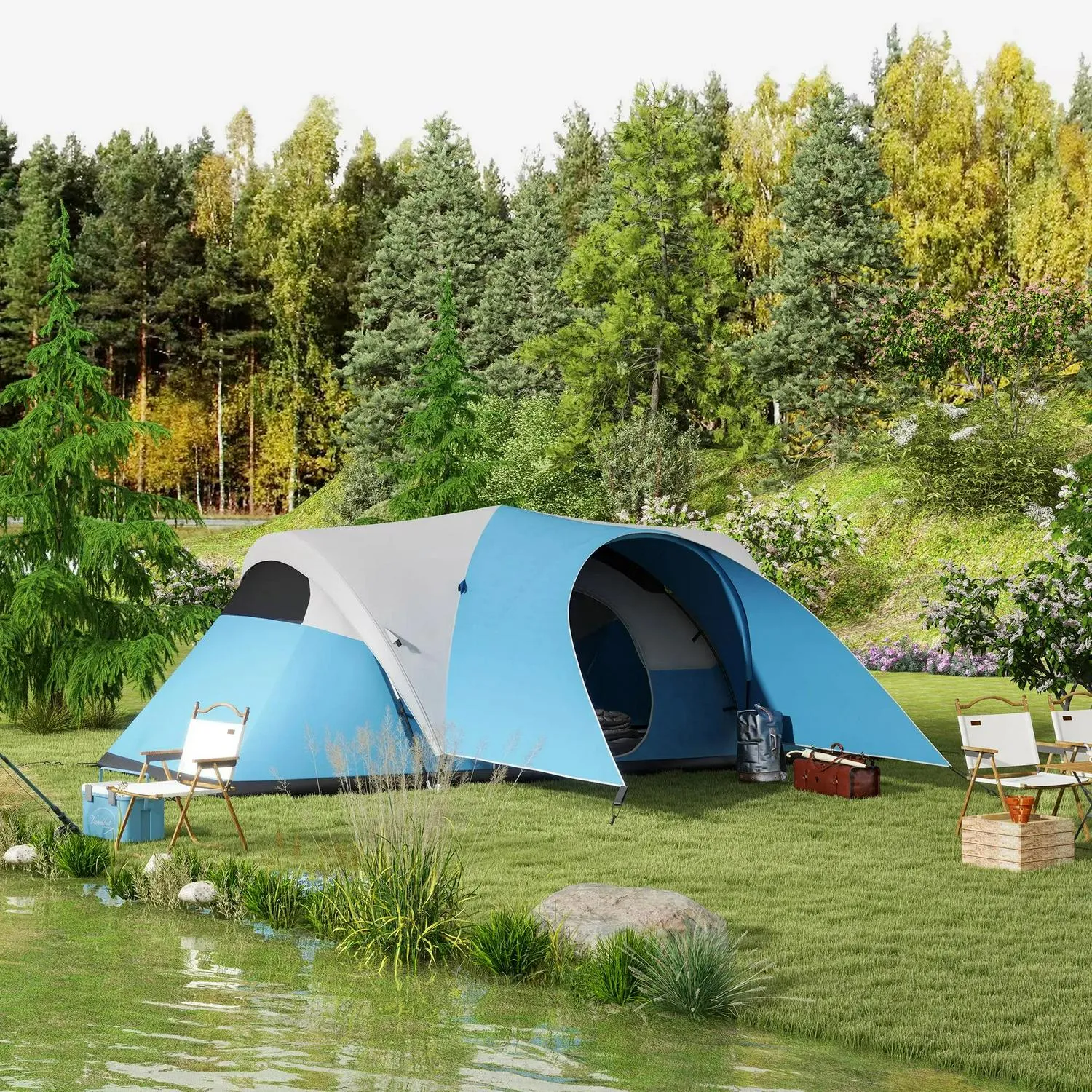 3000mm Multi-buy offer Family Worldwide delivery Tent Groundsheet, Man, Outsunny 5-6 Camping Waterproof Porch Portable Blue Bag, Sewn And For With