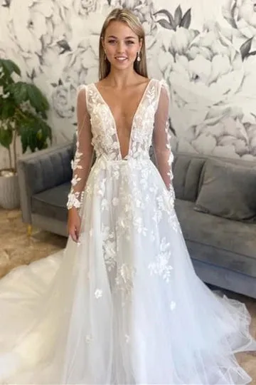 A-Line Floral Appliques Off White Plunging Neck Long Sleeves Backless Wedding Dress OK1906