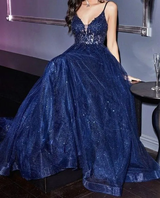 A-line Navy Blue Appliques Spaghetti Straps Long Prom Dresses Shinny Praty Gown OK1954