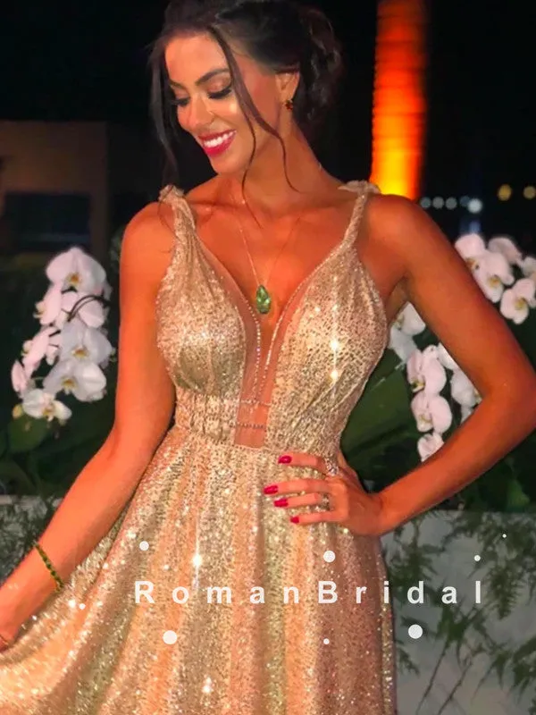 A-Line V-Neck Straps Long Prom Dresses With Gold Sequins,RBPD0092