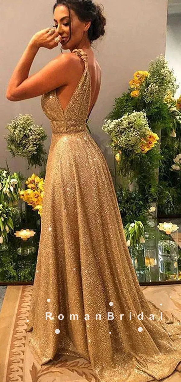 A-Line V-Neck Straps Long Prom Dresses With Gold Sequins,RBPD0092