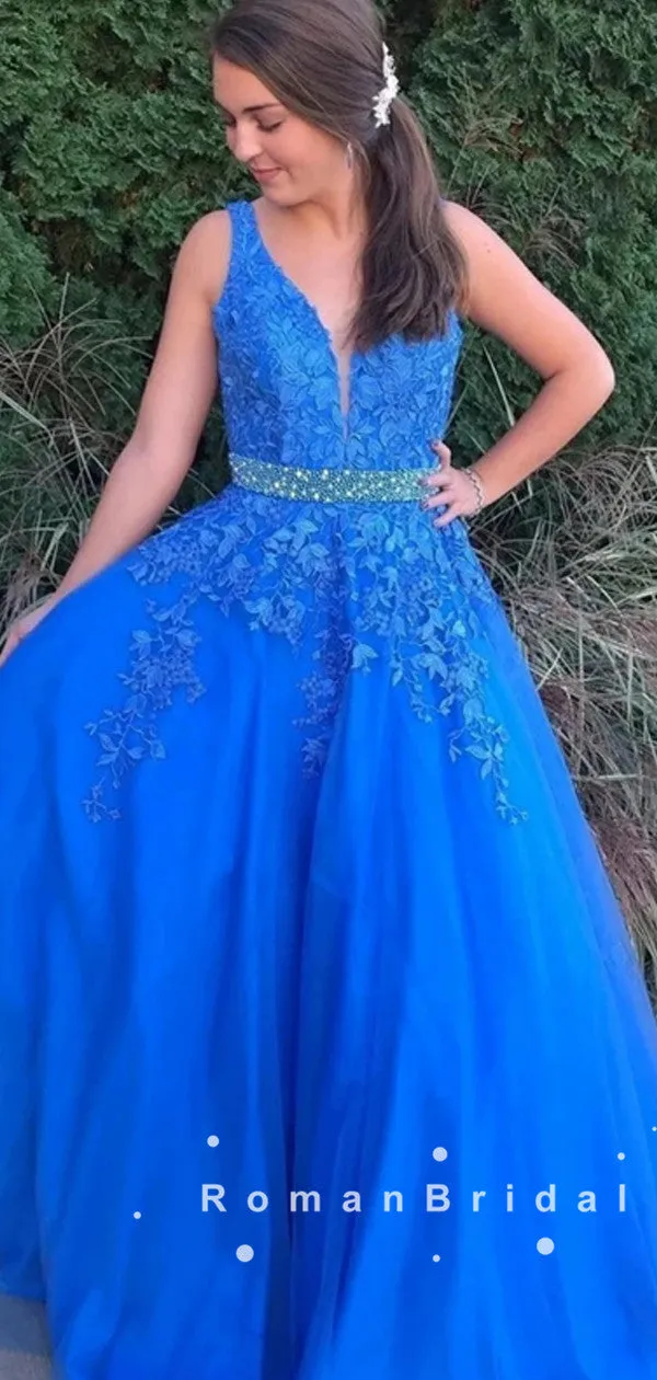 A-Line V-Neck Straps Tulle Lace Long Prom Dresses With Beading,RBPD0039