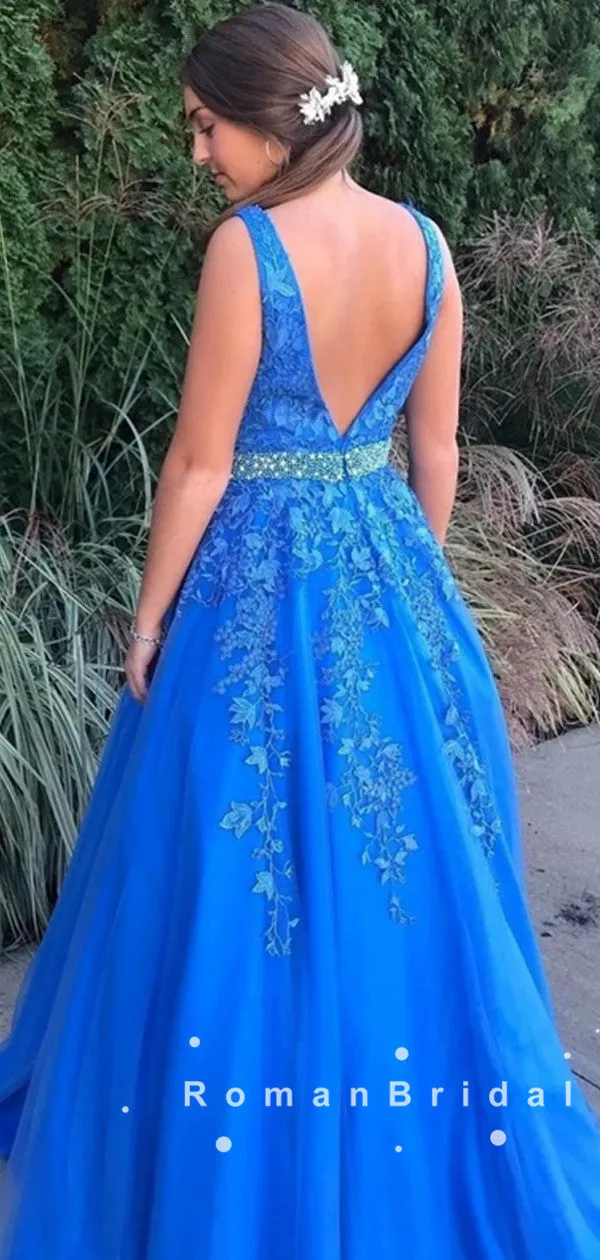 A-Line V-Neck Straps Tulle Lace Long Prom Dresses With Beading,RBPD0039