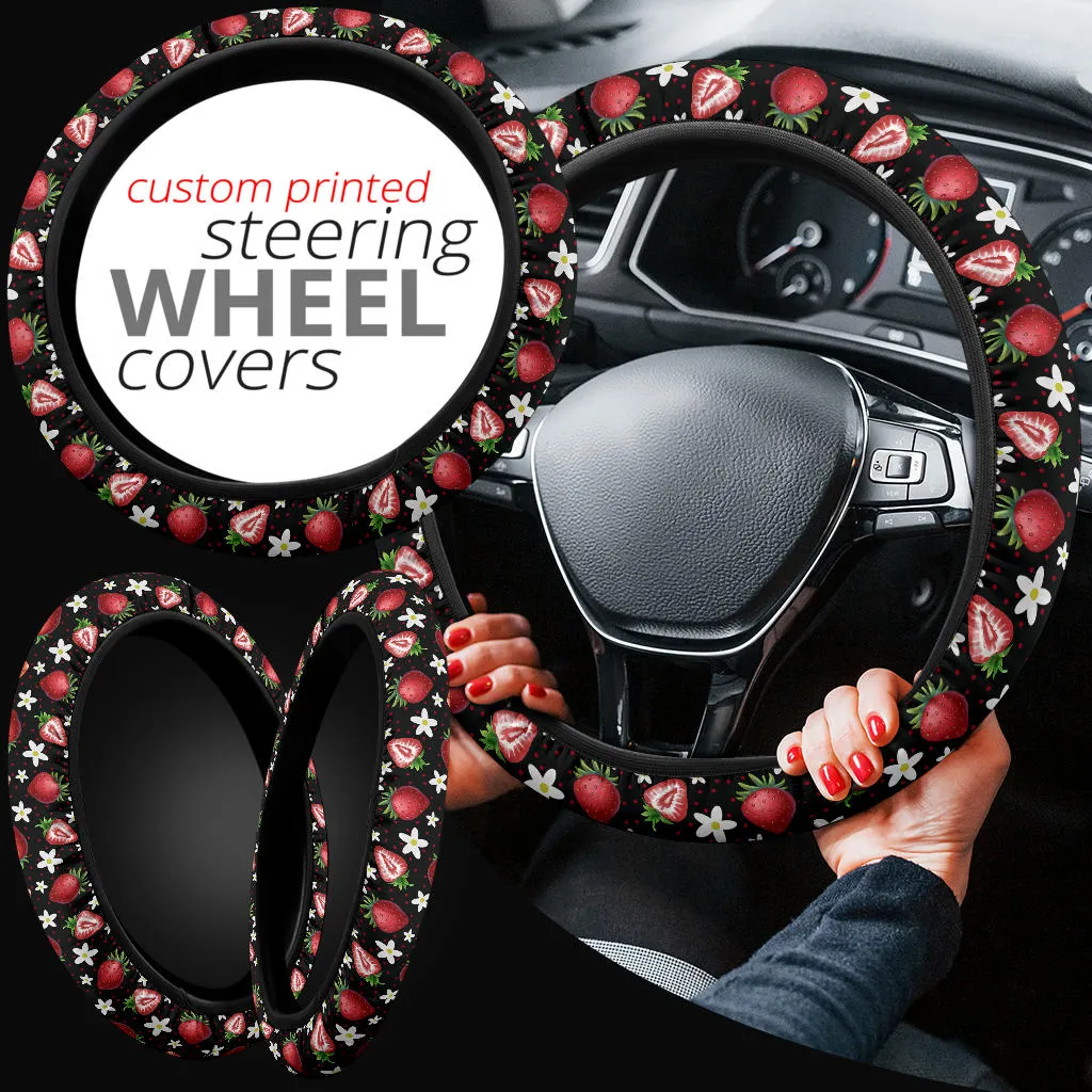 Black Strawberries Steering Wheel Cover