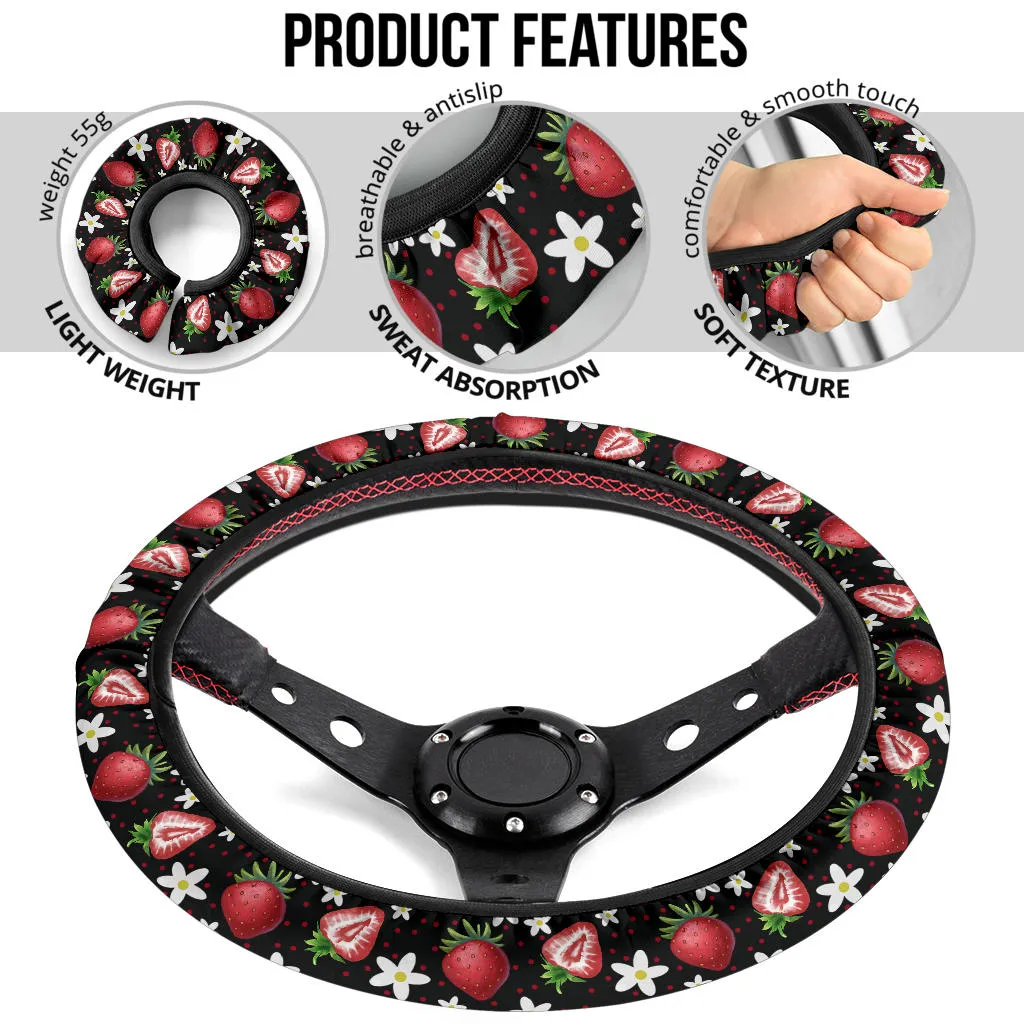 Black Strawberries Steering Wheel Cover