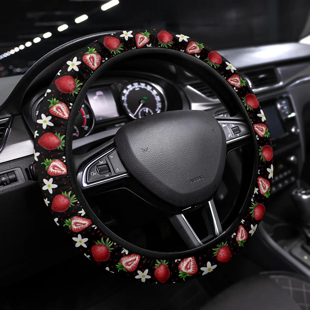 Black Strawberries Steering Wheel Cover