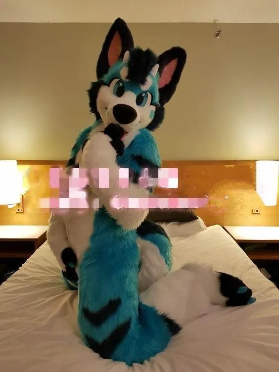 Blue Long Fur Husky Dog Fox Wolf Fursuit Mascot Costume Suit Cosplay Party Game Fancy Dress Adult Size Apparel