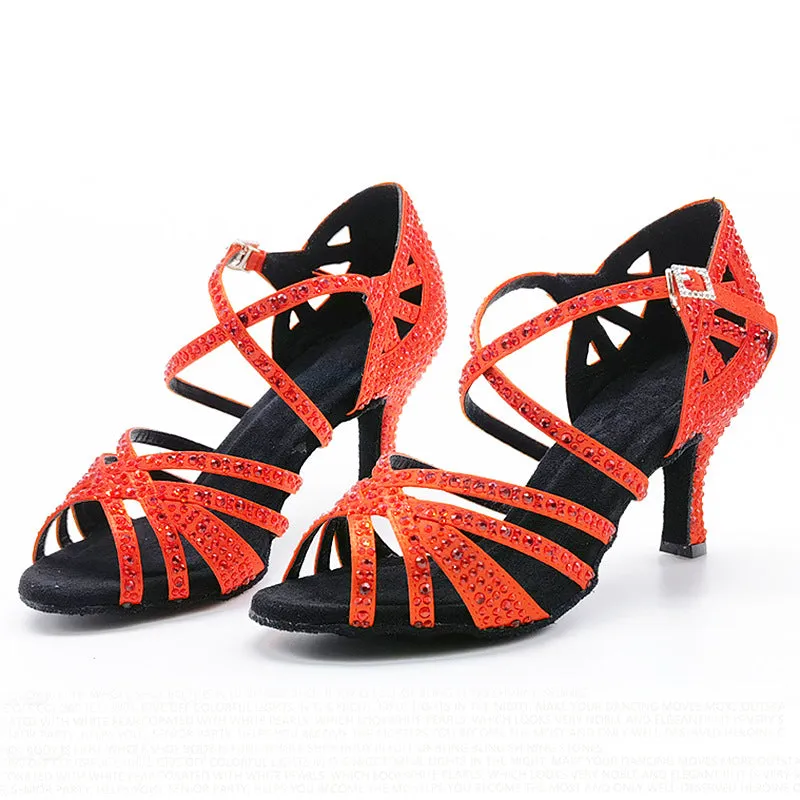 Blue Rhinestones Ballroom Latin Dance Shoes Women Bling Soft Soles Indoor Dance Waltz Tango High Heelshoes Salsa Party Social Wedding Shoes