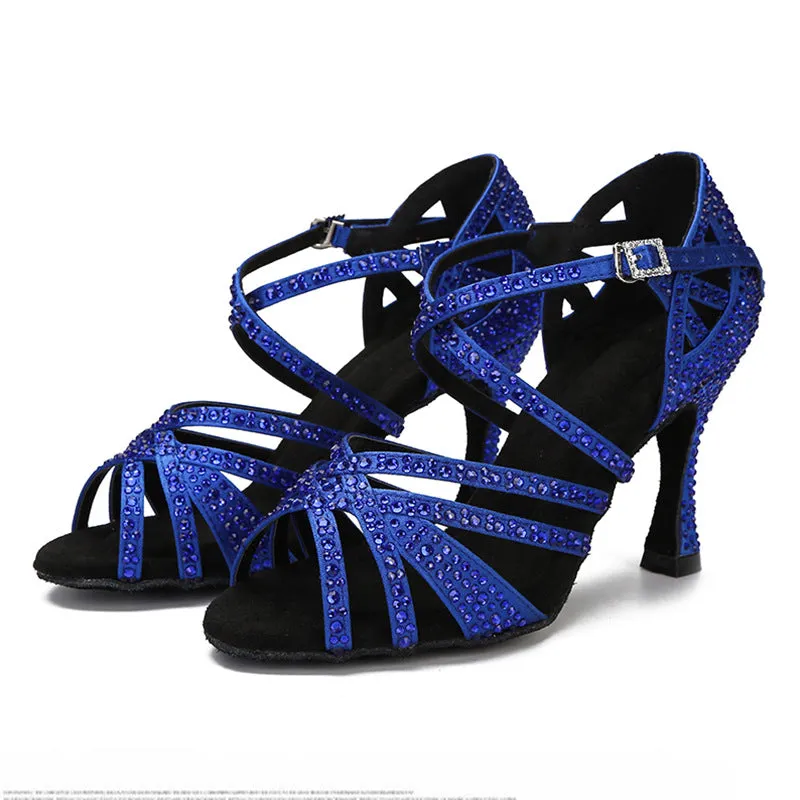 Blue Rhinestones Ballroom Latin Dance Shoes Women Bling Soft Soles Indoor Dance Waltz Tango High Heelshoes Salsa Party Social Wedding Shoes