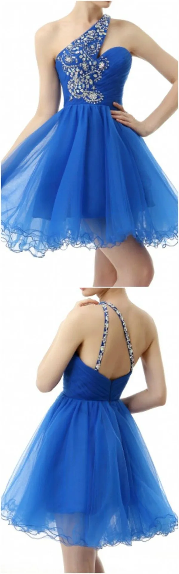 Blue Straps One Shoulder Homecoming Dress with Beading, Short Prom Dresses, MH148