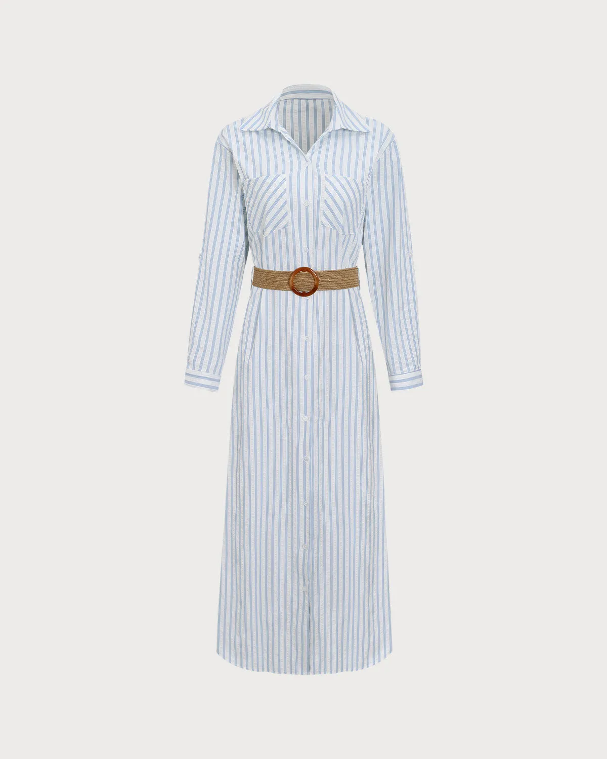 Blue Striped Belted Midi Dress