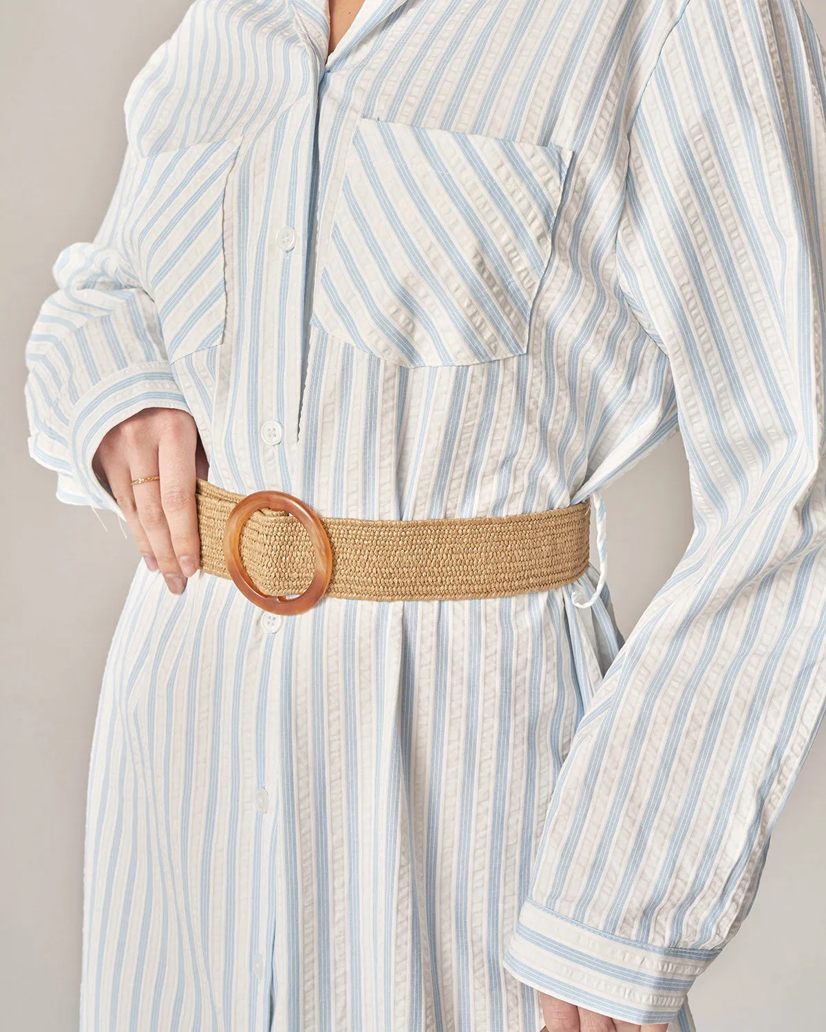 Blue Striped Belted Midi Dress