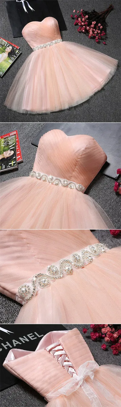 Blush Pink Tulle Strapless Sweetheart Neck Short Prom Dresses, Homecoming Dress,SH50