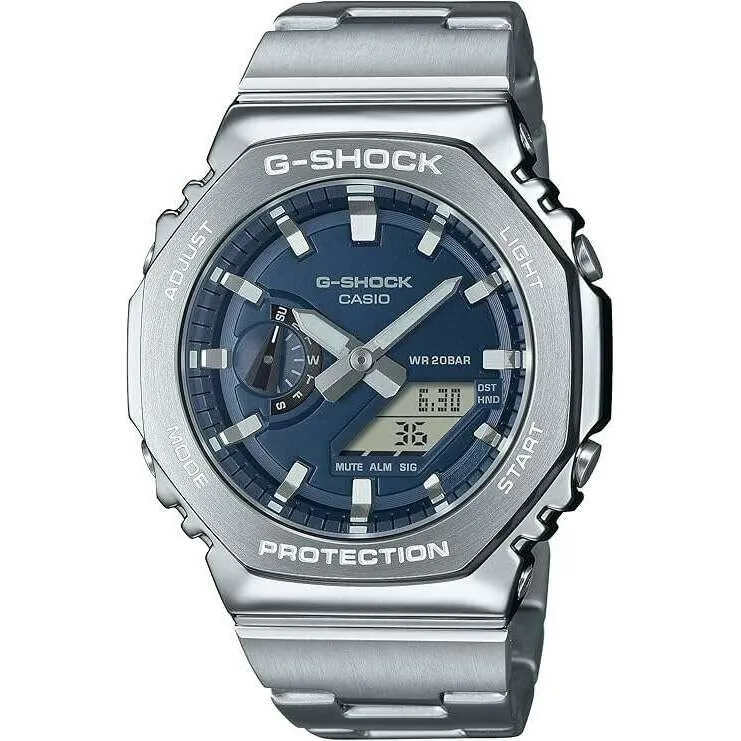 CASIO G-SHOCK DAY-DATE METAL BEZEL SILVER STRAP NAVY BLUE DIAL MEN WATCH GM-2110D-2BJF