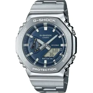 CASIO G-SHOCK DAY-DATE METAL BEZEL SILVER STRAP NAVY BLUE DIAL MEN WATCH GM-2110D-2BJF