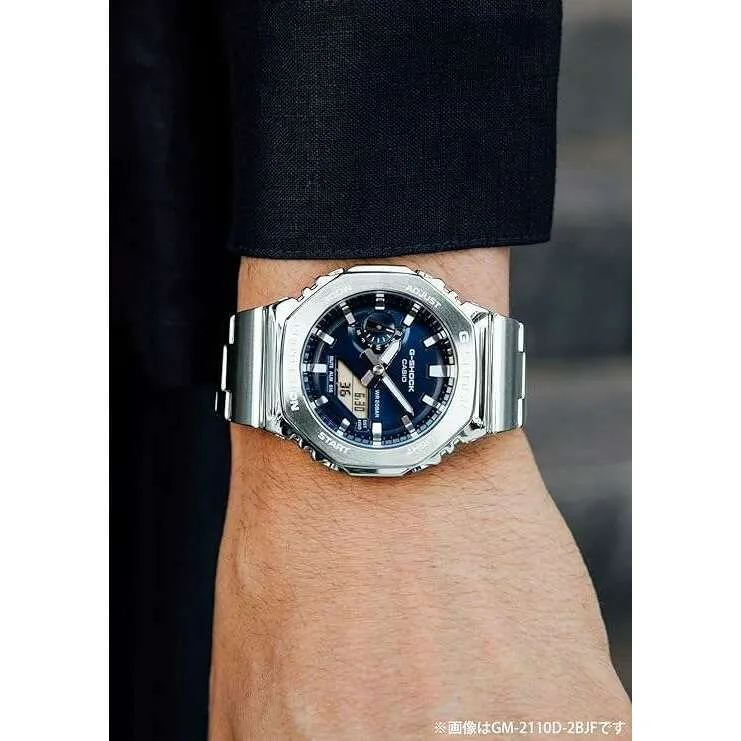CASIO G-SHOCK DAY-DATE METAL BEZEL SILVER STRAP NAVY BLUE DIAL MEN WATCH GM-2110D-2BJF