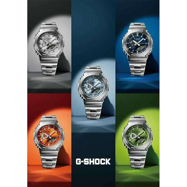 CASIO G-SHOCK DAY-DATE METAL BEZEL SILVER STRAP NAVY BLUE DIAL MEN WATCH GM-2110D-2BJF