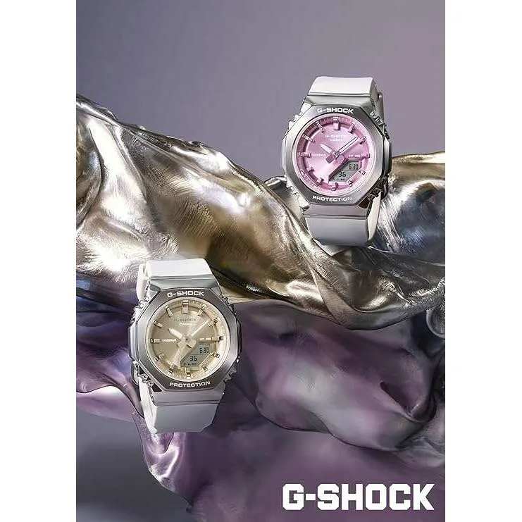 CASIO G-SHOCK METAL COVERED ANALOG DIGITAL WHITE & BEIGE LADIES WATCH GM-S2110-7A9JF