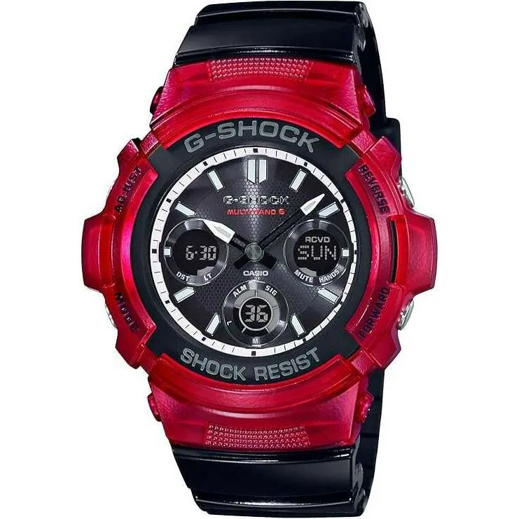 CASIO G-SHOCK RADIO SOLAR ANALOG DIGITAL BLACK & RED MEN WATCH AWG-M100SRB-4AJF