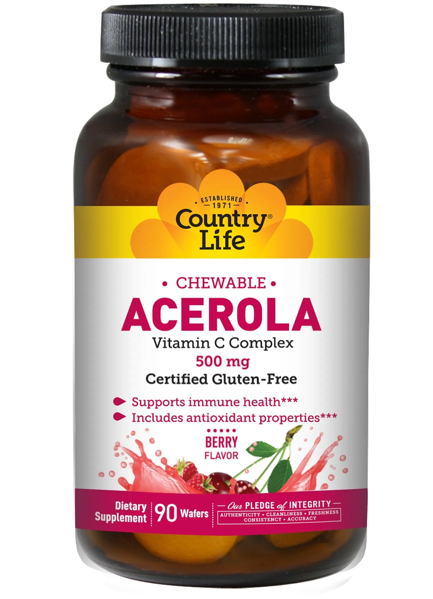 Country Life Acerola 500 mg Masticable Vitamina C Complejo - 90 Obleas