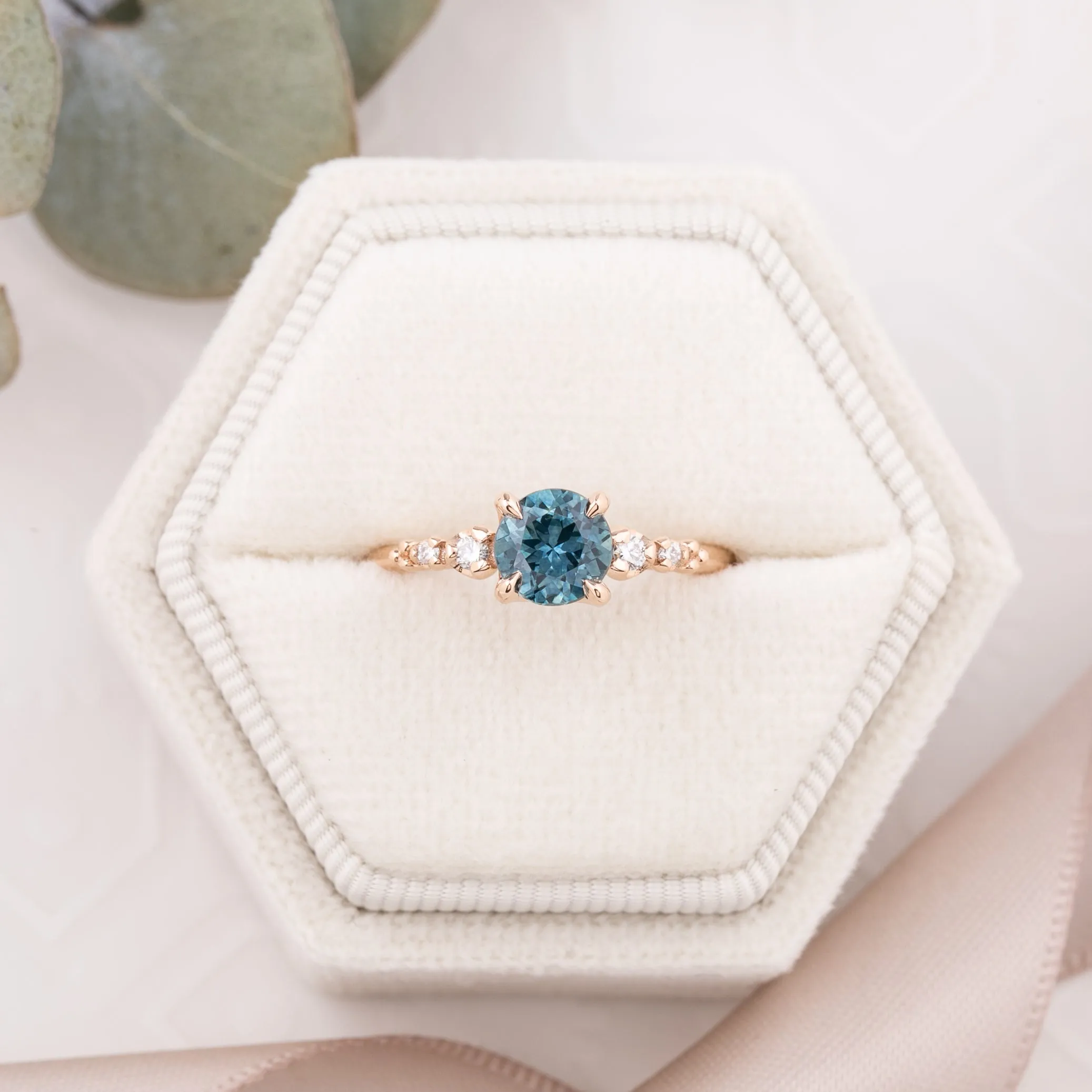 Estel Fleur Four Prongs Ring, Teal Blue Green Montana Sapphire, 14k Rose Gold (One of a Kind)