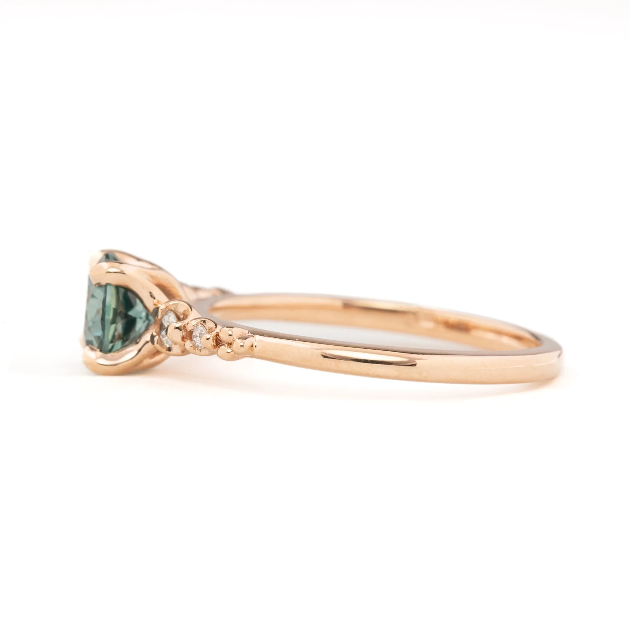 Estel Fleur Four Prongs Ring, Teal Blue Green Montana Sapphire, 14k Rose Gold (One of a Kind)