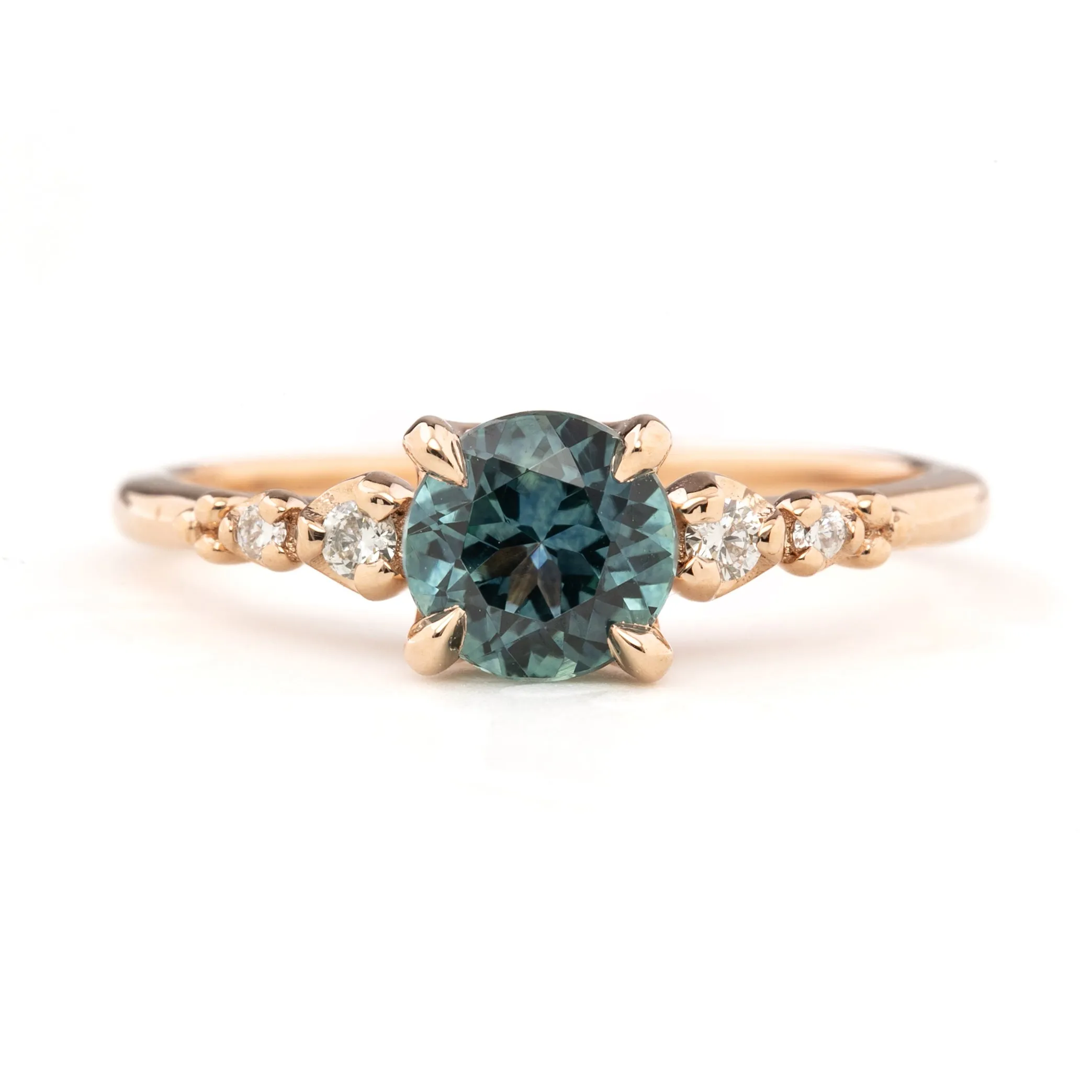 Estel Fleur Four Prongs Ring, Teal Blue Green Montana Sapphire, 14k Rose Gold (One of a Kind)