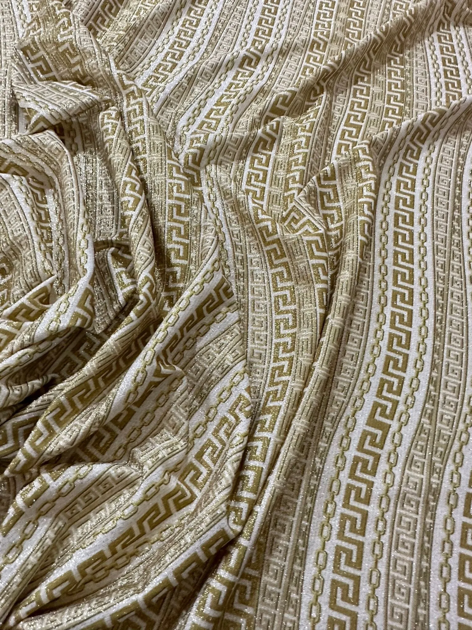 Gold Greek Key Lurex Fabric - Glitter 4-Way Stretch Knit