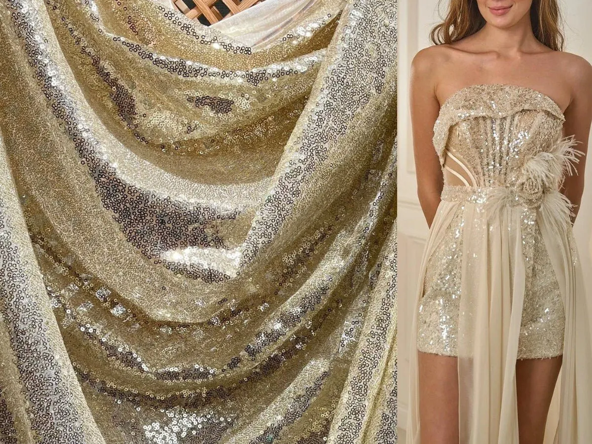 Gold Sequins Glitz on Mesh Fabric