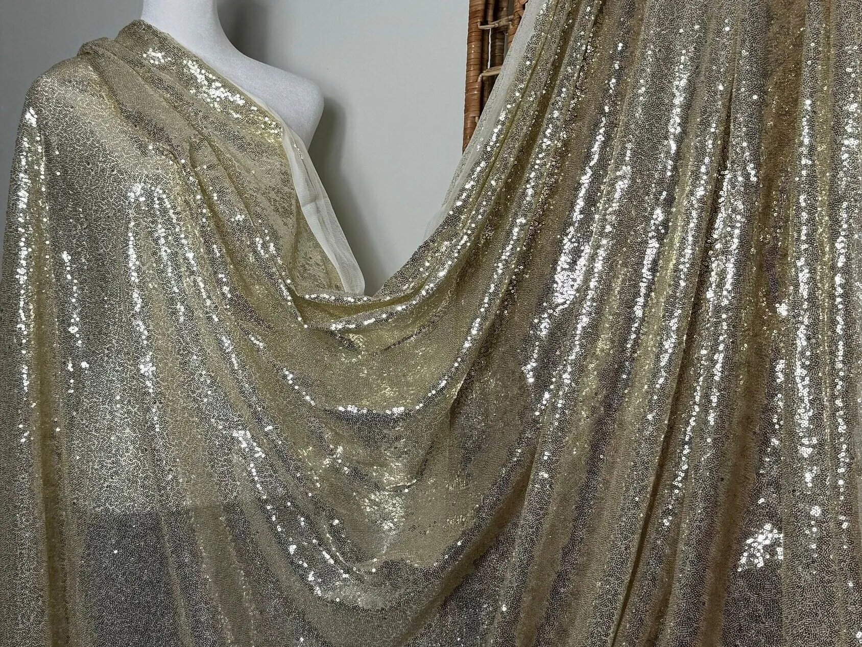 Gold Sequins Glitz on Mesh Fabric