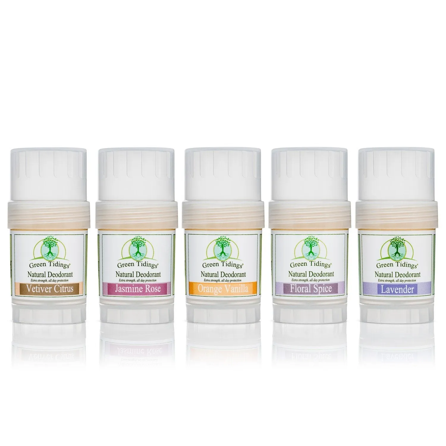 Green Tidings Natural Deodorant- 5 Pack Scent Sampler (1 ounce, tester/travel size)