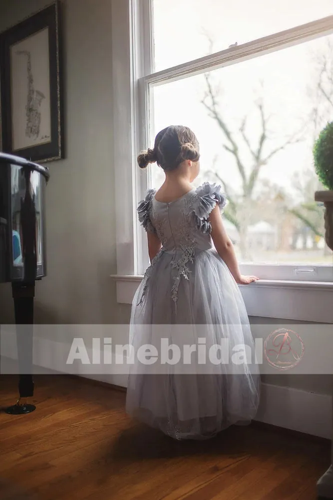Grey Appliques Tulle Pretty Sleeveless Long Flower Girl Dresses , FGS071