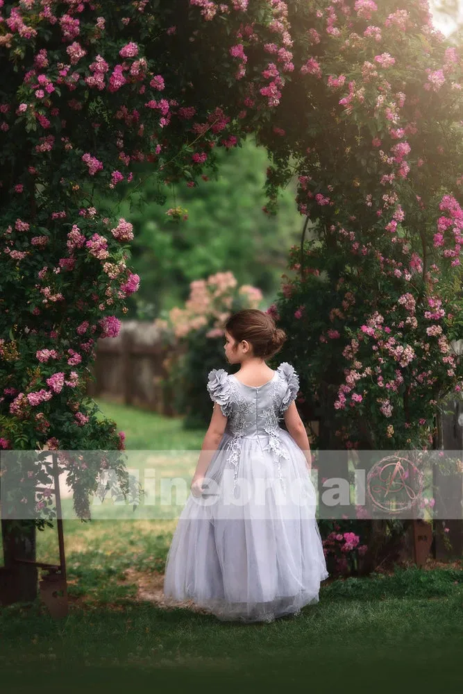 Grey Appliques Tulle Pretty Sleeveless Long Flower Girl Dresses , FGS071