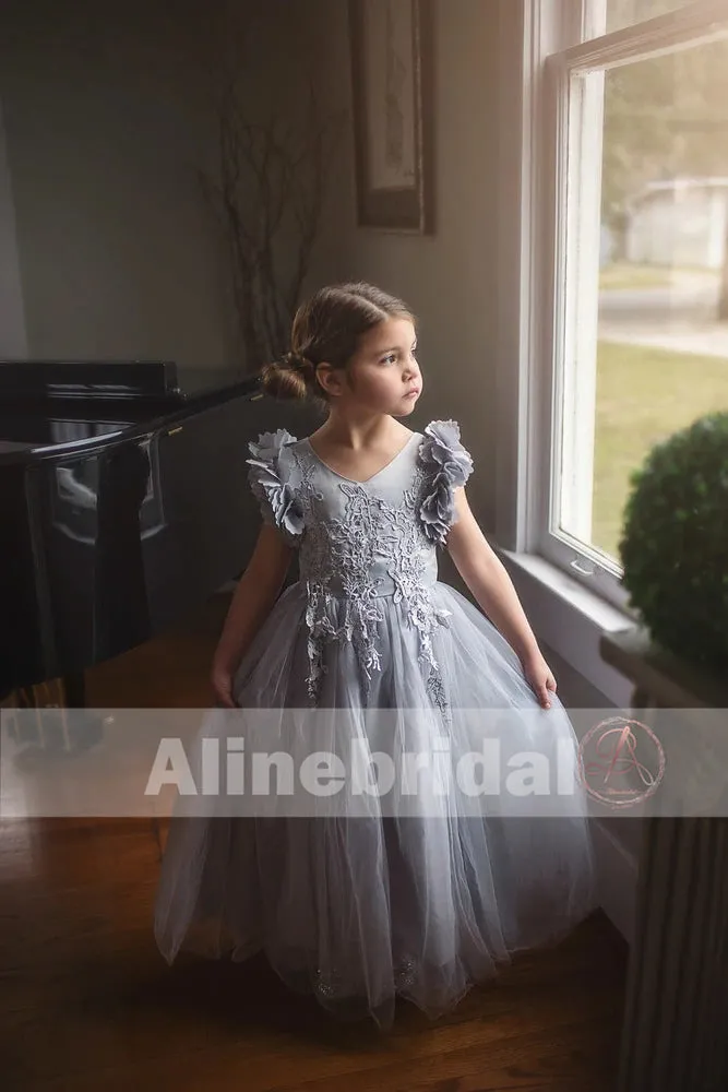 Grey Appliques Tulle Pretty Sleeveless Long Flower Girl Dresses , FGS071