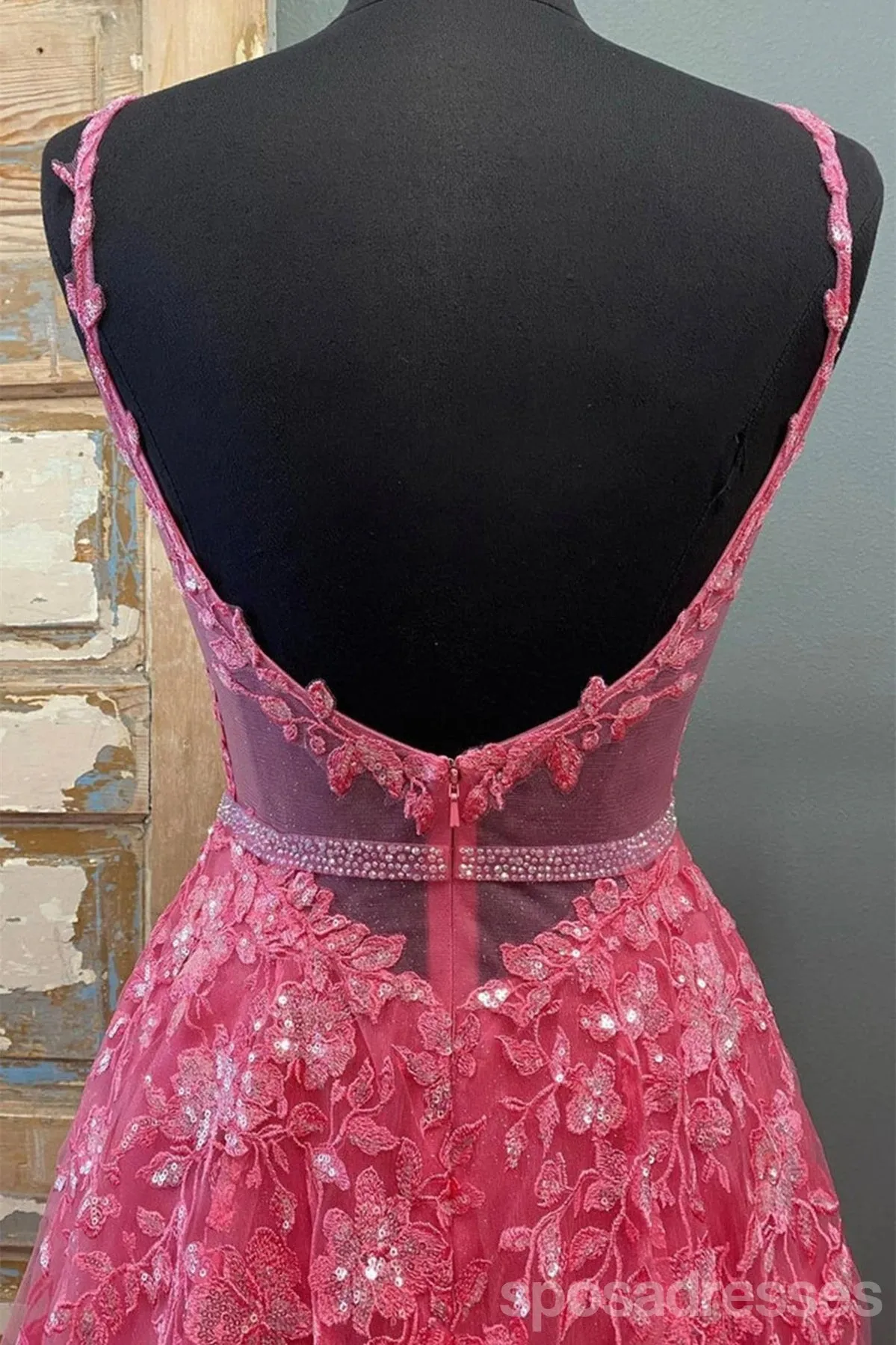 Hot Pink A-line Spaghetti Straps V-neck Cheap Long Prom Dresses Online,12810