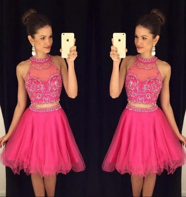 Hot Pink Halter Homecoming Dresses,Two Pieces Beaded Short Prom Dresses,M55