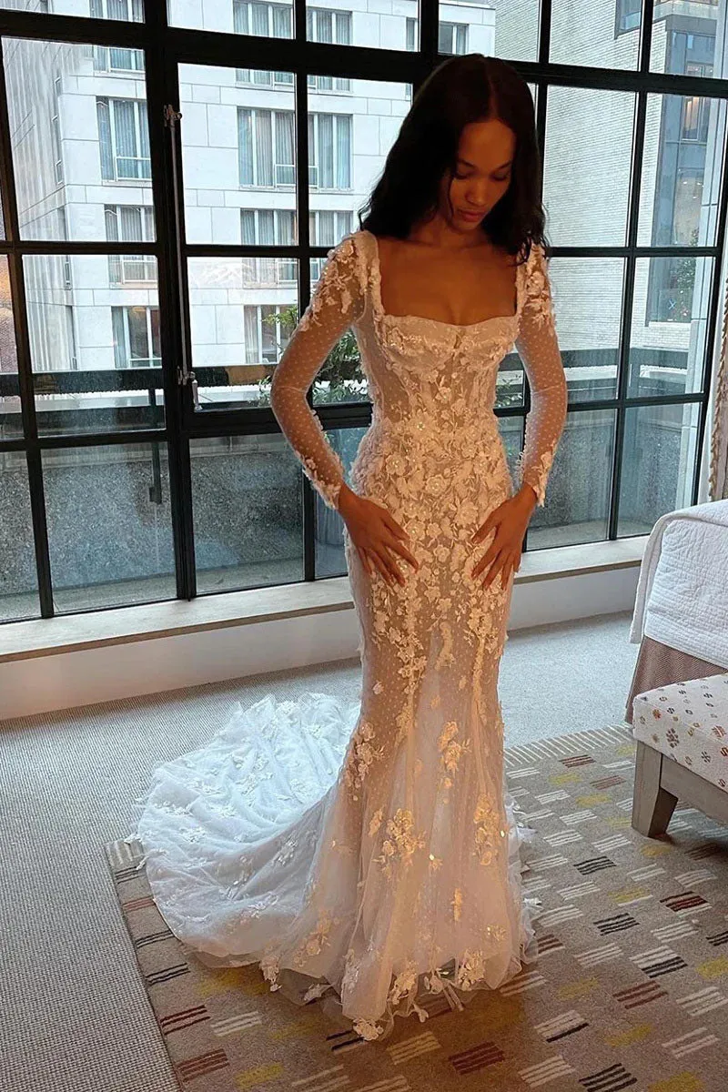 Illusion Mermaid Long Sleeves Tulle Appliques Wedding Dress Bridal Dresses OK1979