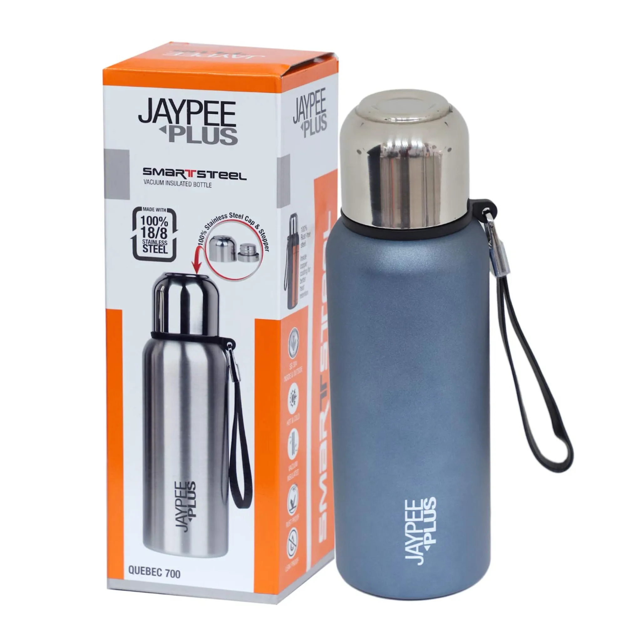 Jaypee Plus Quebec 700 Stainless Steel Water Bottle with Steel lid and Stopper, 700 ml, Blue