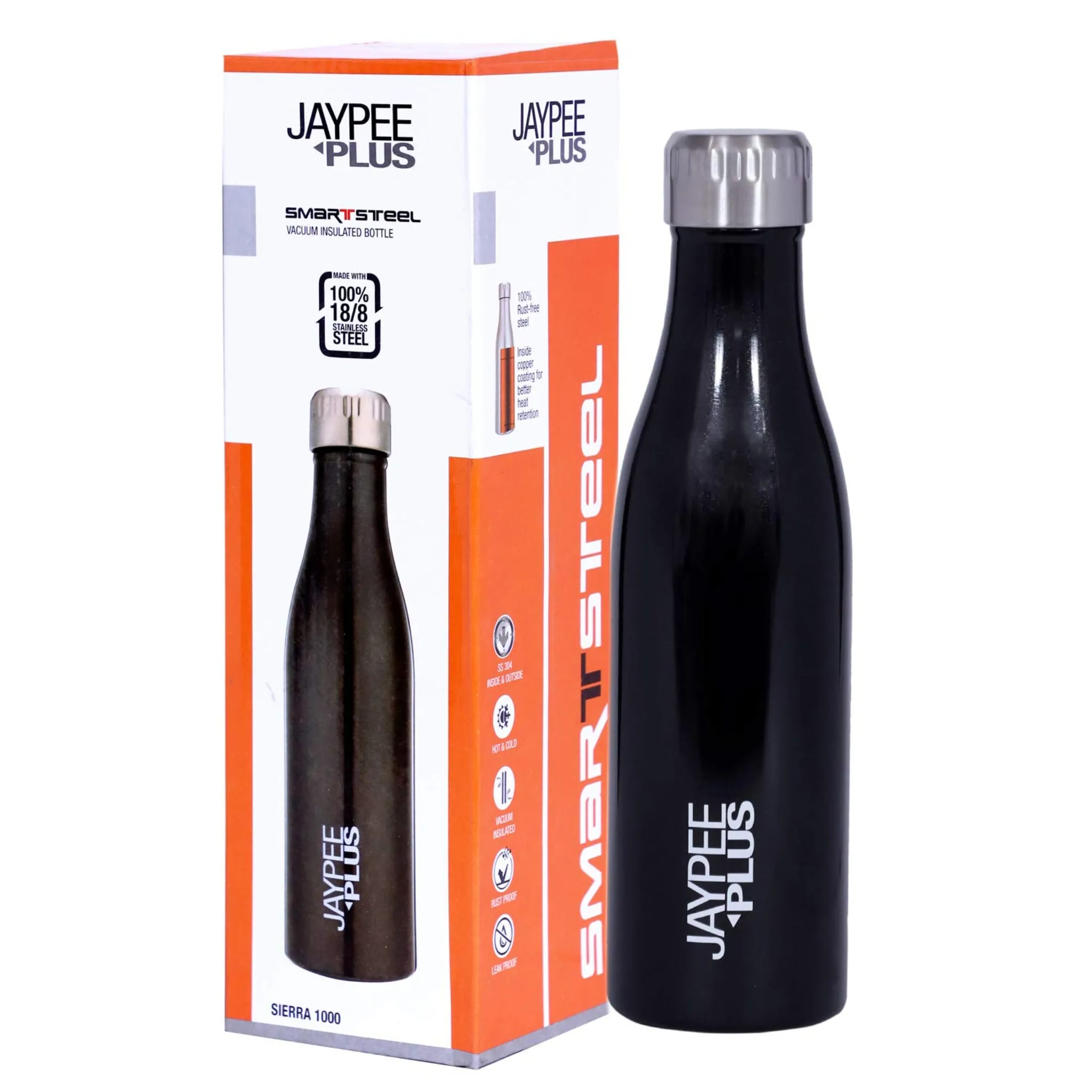 Jaypee Plus Sierra 1000 Stainless Steel Water Bottle, 1000 ml, Black