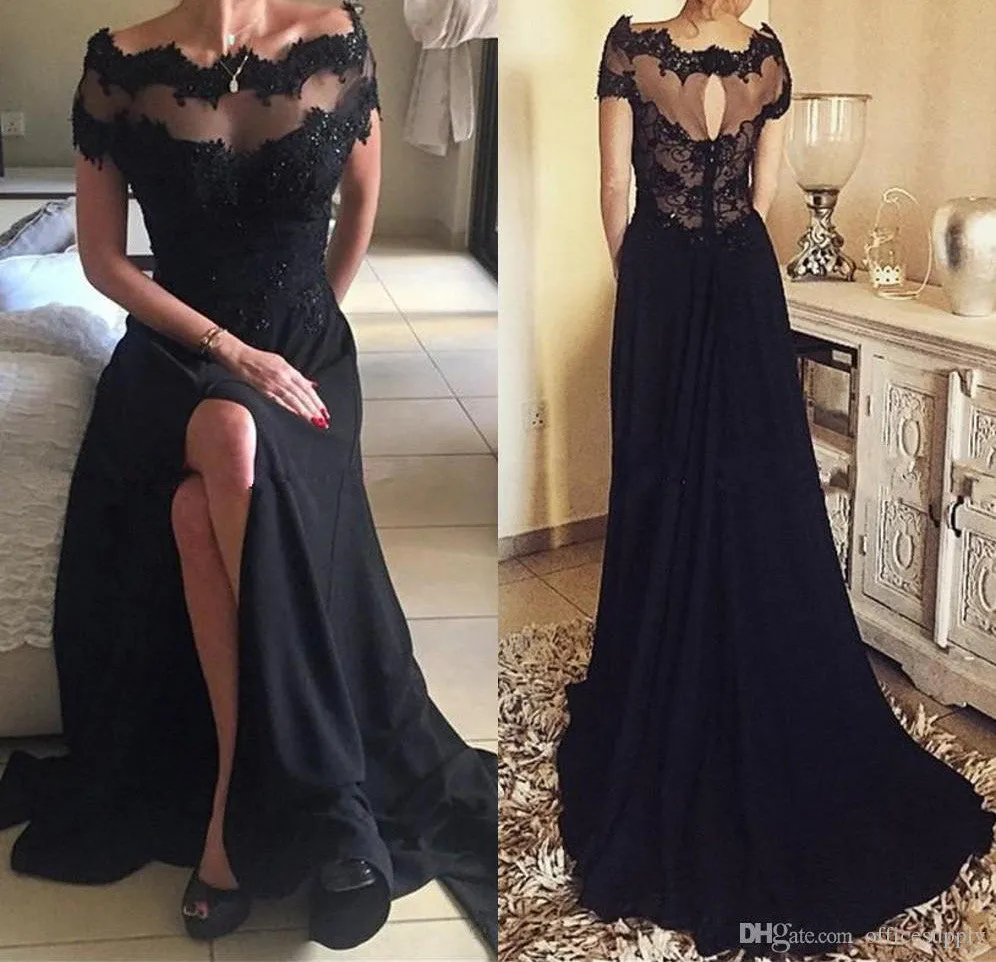 Long Black Off Shoulder Short Sleeves Split Prom Dress with Lace Beading,SVD434