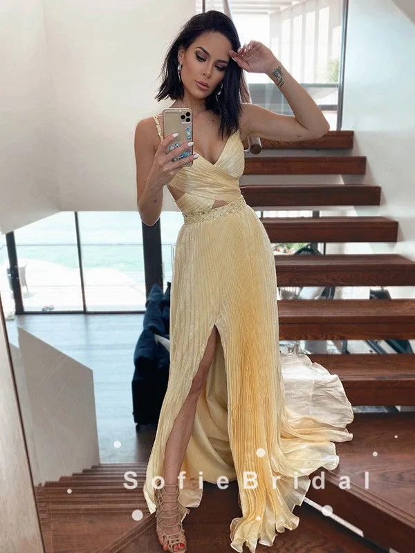 New Arrival A-Line Spaghetti Straps Split Side Cheap Long Prom Dresses With Beading,SFPD0057