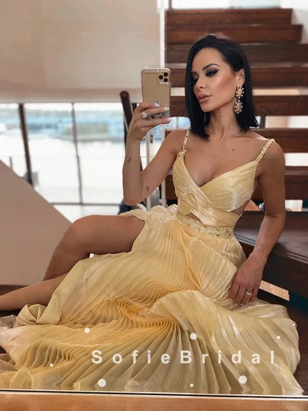 New Arrival A-Line Spaghetti Straps Split Side Cheap Long Prom Dresses With Beading,SFPD0057