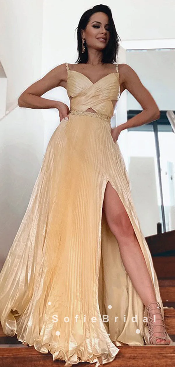 New Arrival A-Line Spaghetti Straps Split Side Cheap Long Prom Dresses With Beading,SFPD0057
