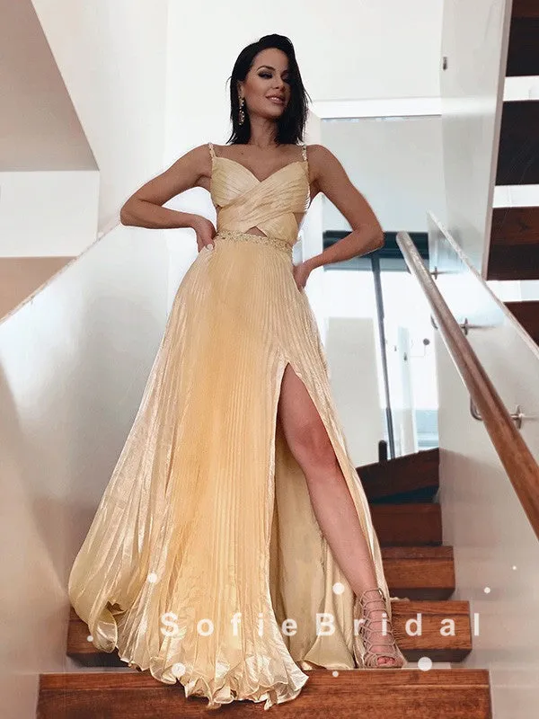 New Arrival A-Line Spaghetti Straps Split Side Cheap Long Prom Dresses With Beading,SFPD0057