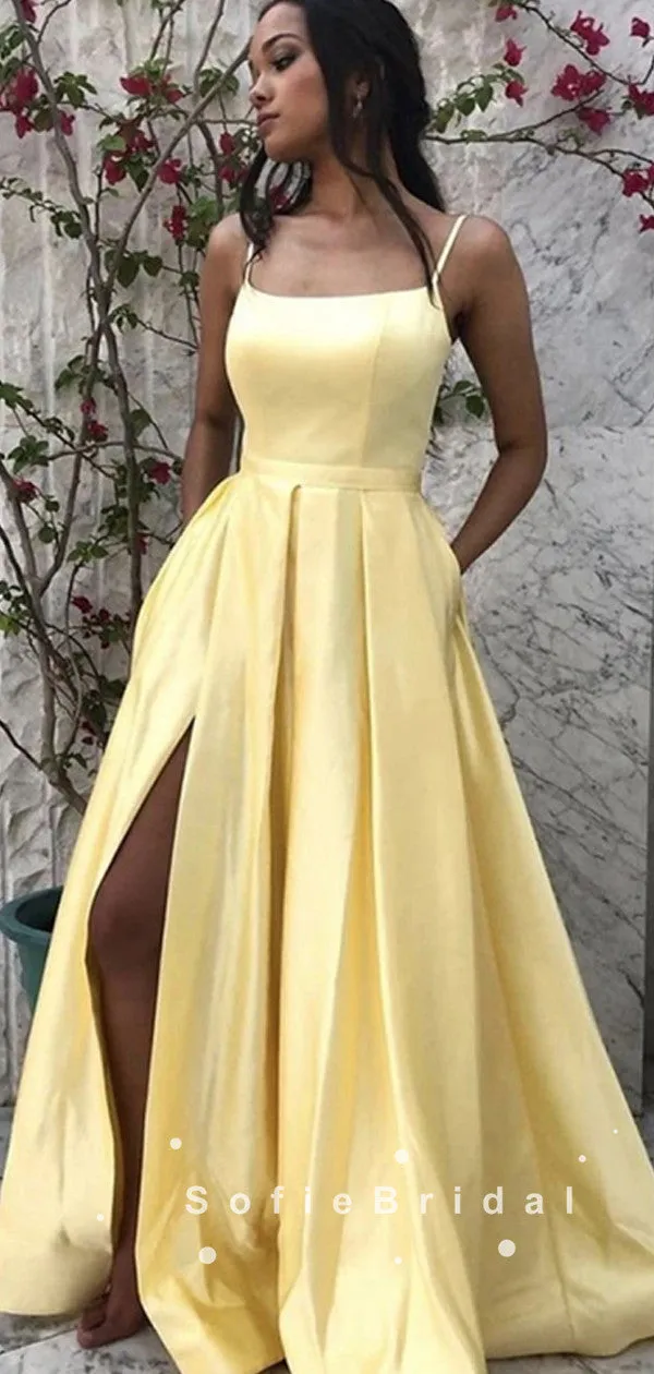 New Arrival A-Line Spaghetti Straps Split Side Cheap Long Prom Dresses,SFPD0033
