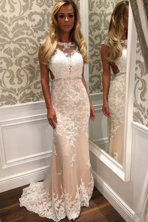New Sheath Column Lace Backless Tulle Prom Dress With Appliques, M152