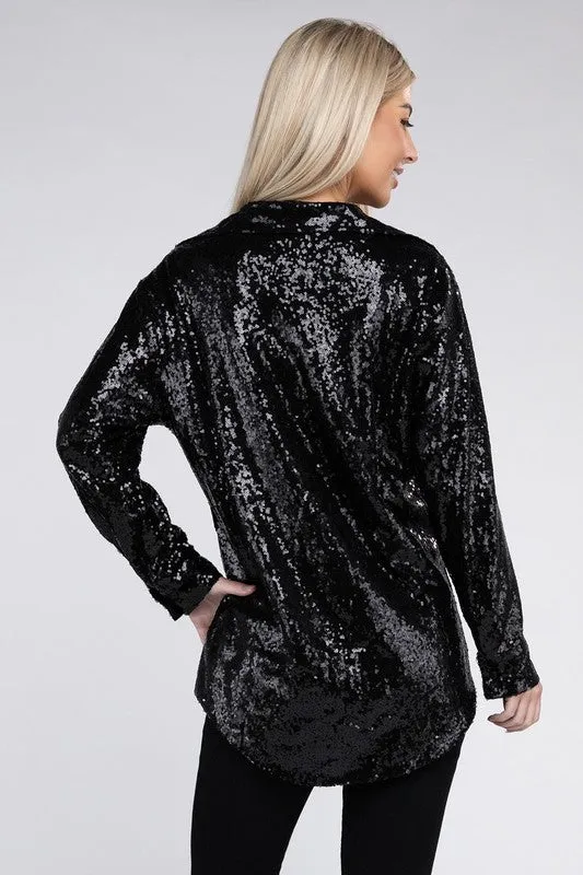 Nuvi Apparel Sequin Collared Button Up Shirt