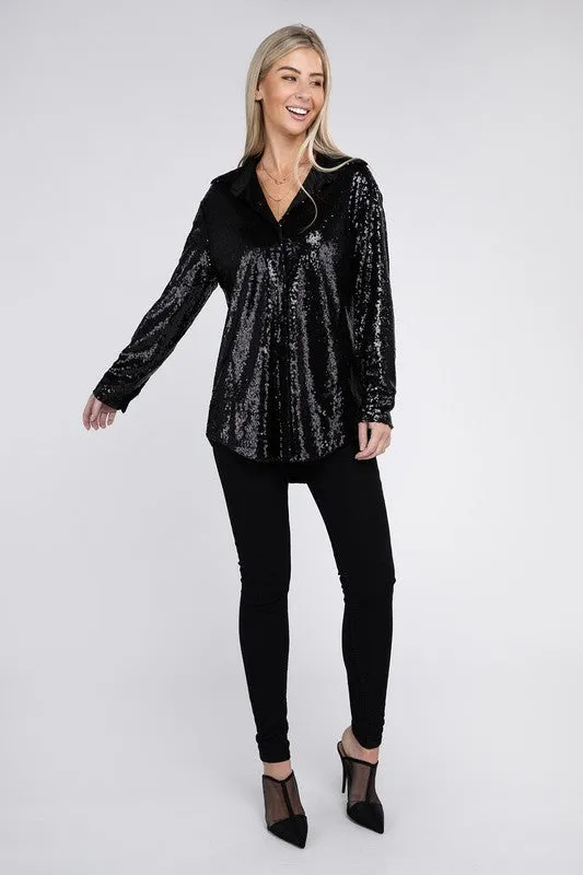 Nuvi Apparel Sequin Collared Button Up Shirt